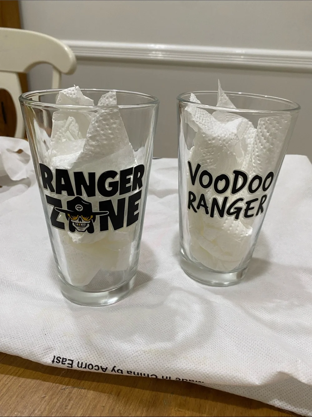 NWOT.  Set of 2, “Voodoo Ranger”, clear with black graphics, pint glasses.